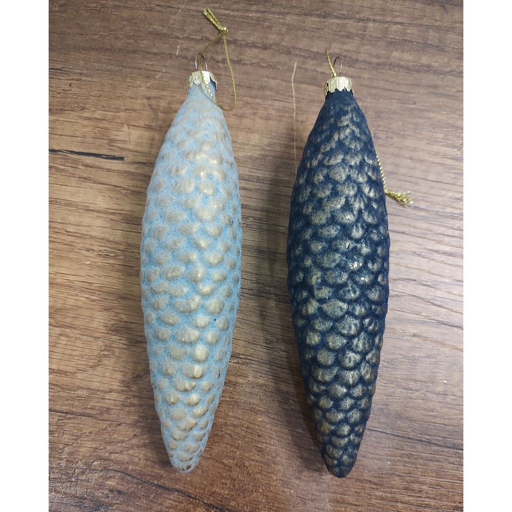 Vtg Flocked Glass Pinecone Christmas Ornament Lot Of 2 6" A5